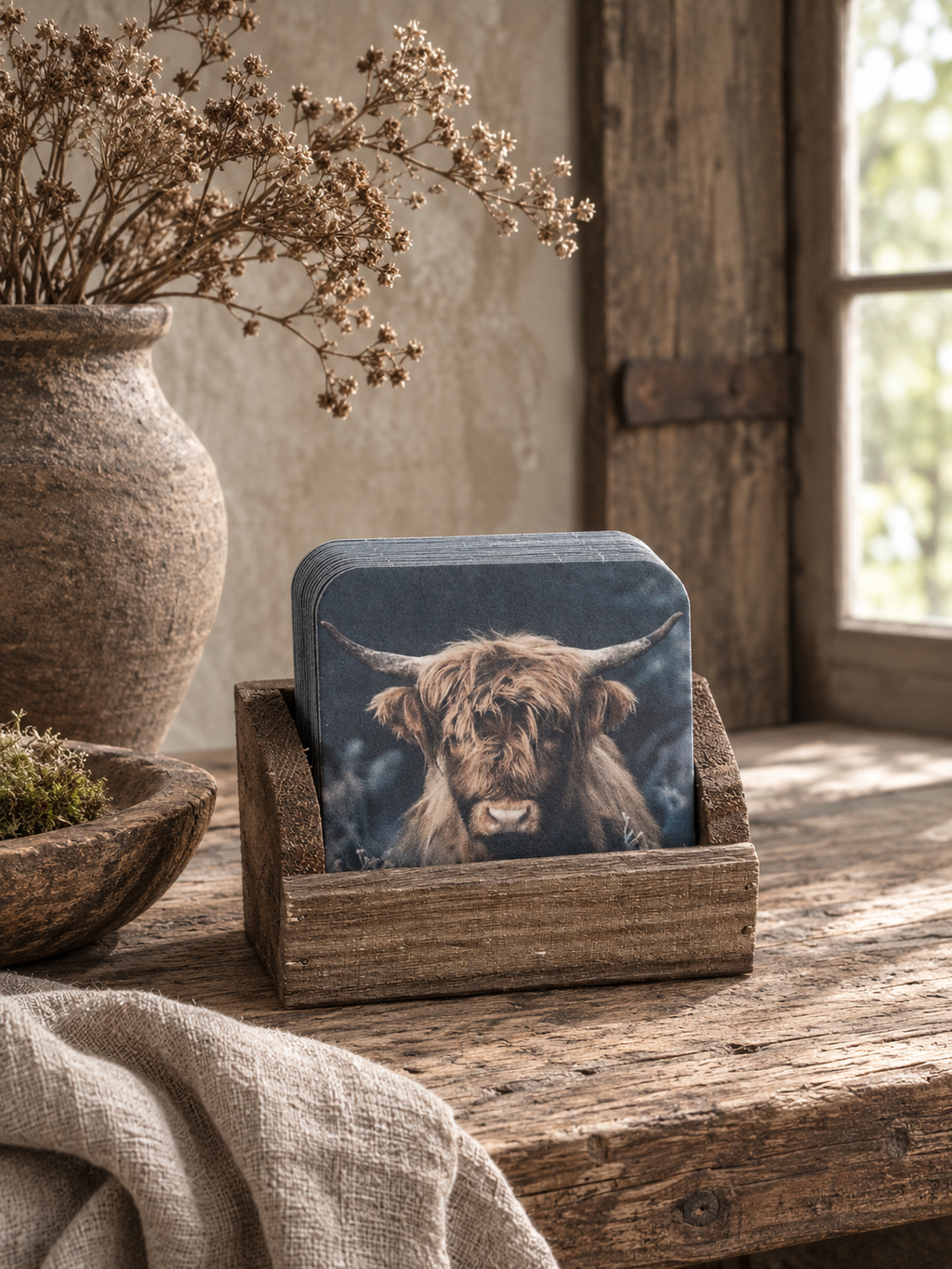 Felt coasters (Highland cow) in wooden holder