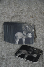 Vilten onderzetters (schaap met lam) in houten houder
