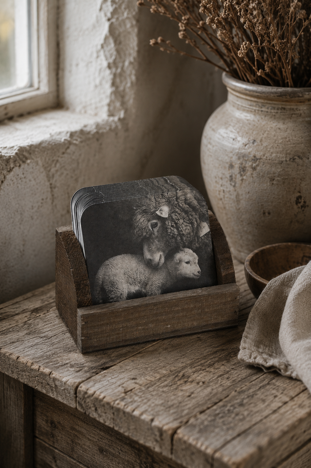 Vilten onderzetters (schaap met lam) in houten houder