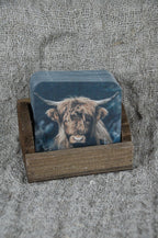 Felt coasters (Highland cow) in wooden holder