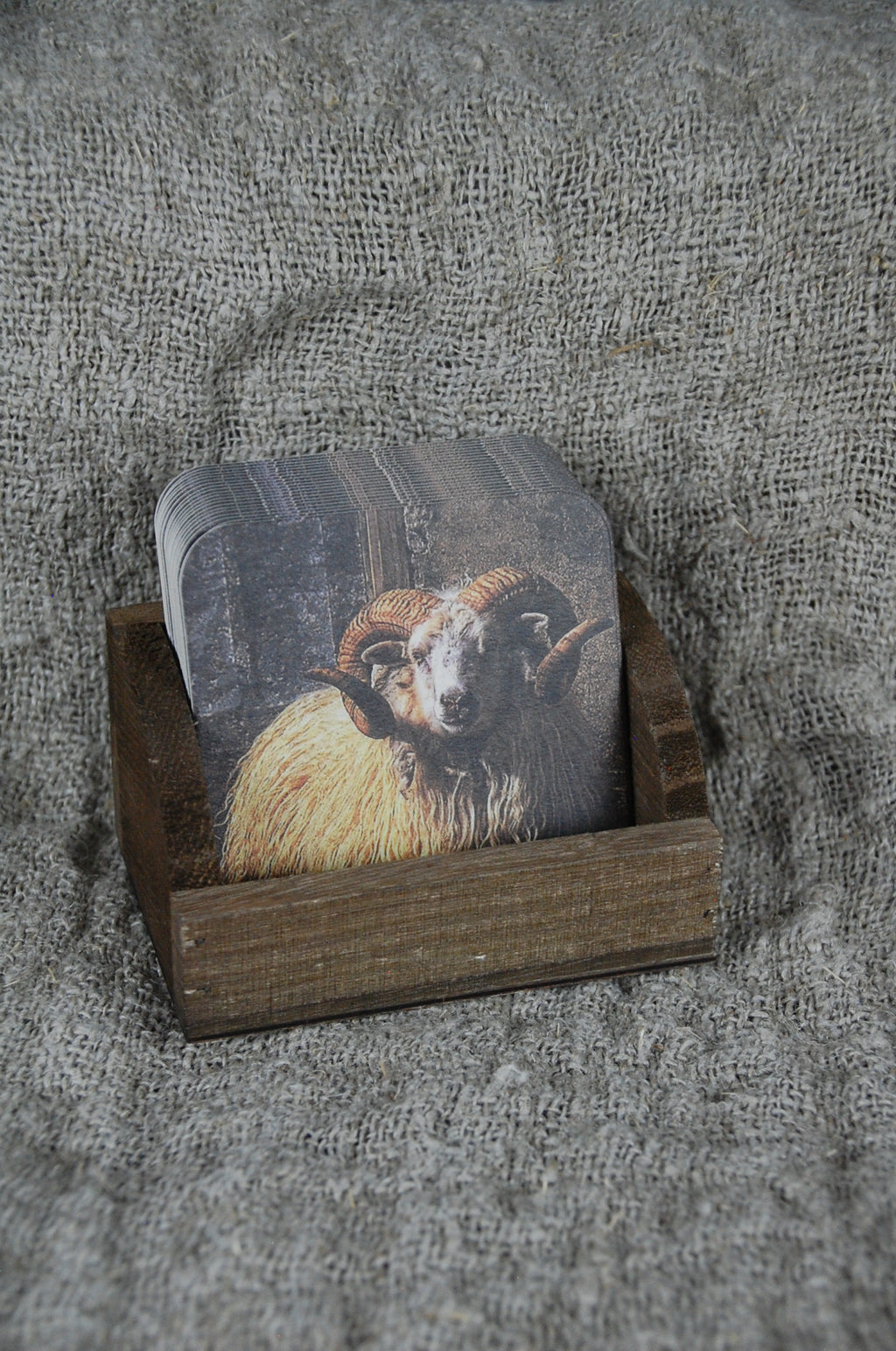 Felt coasters (sheep) in wooden holder